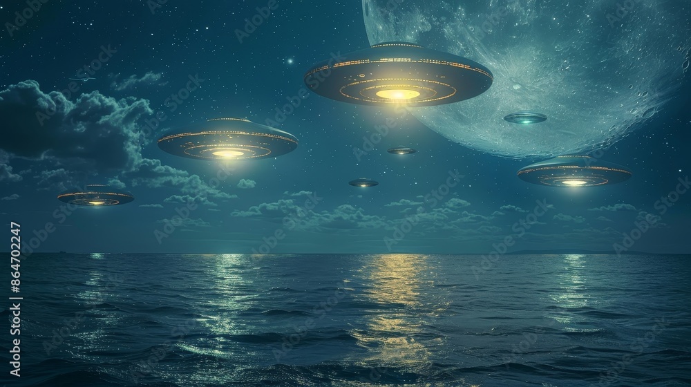 A group of alien spaceships are flying over the ocean A group of alien spaceships are flying over the ocean