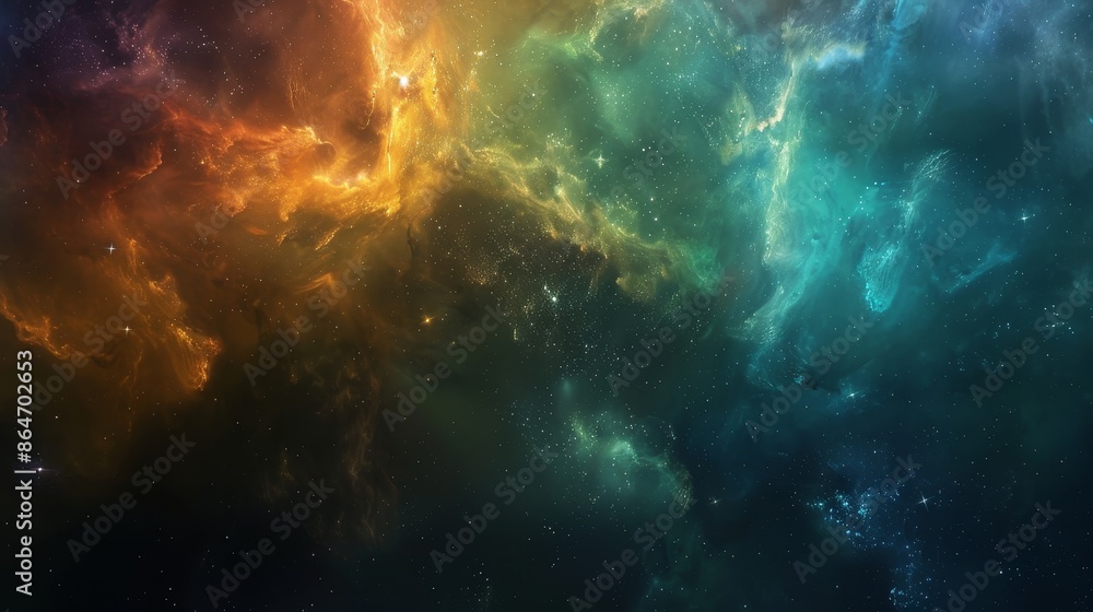 Fototapeta premium A colorful space background with orange and yellow clouds and blue