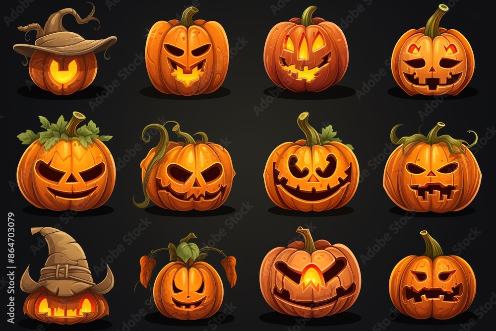 Set of Halloween scary and funny pumpkins. Jack-o-lantern collection for spooky celebration. Carved pumpkins with evil, angry and happy faces Set of Halloween scary and funny pumpkins. Jack-o-lantern collection for spooky celebration. Carved pumpkins with evil, angry and happy faces