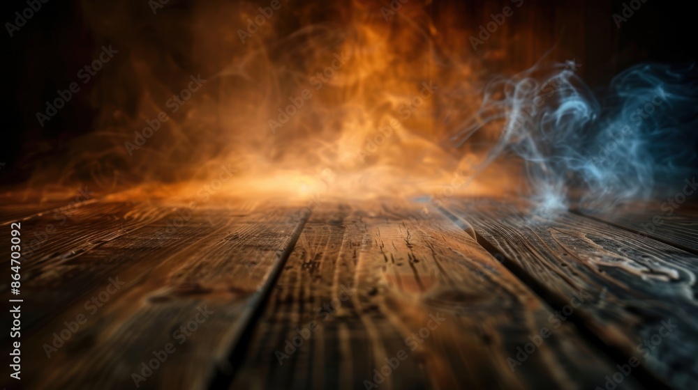 Obraz premium A wooden floor illuminated by warm light with swirling smoke in the background, creating a moody and atmospheric setting.