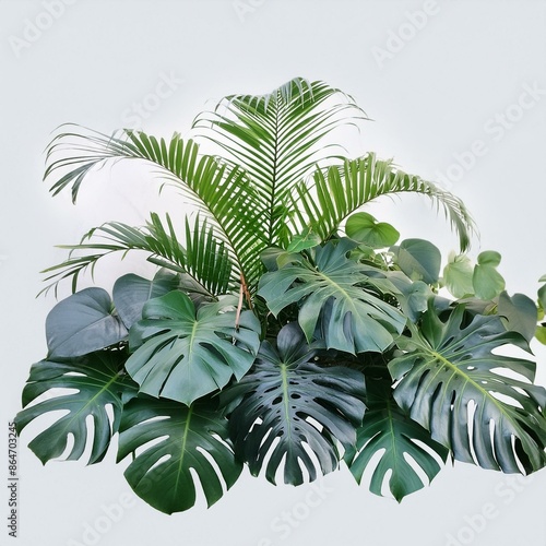 Lush green tropical plants bush (monstera, palm, rubber plant, pine and fern), cut out