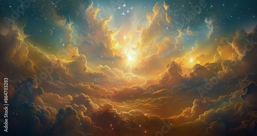 Golden Sunset Through Clouds in a Starry Night Sky