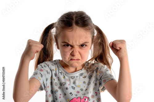 Angry little girl with pigtails clenching her fists. Concepts. anger management for children, childhood frustration, temper tantrums, defiant behavior.
