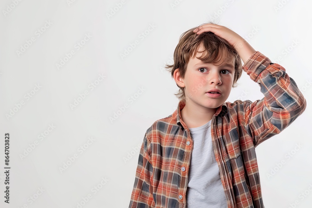 Confused young boy scratching his head with a puzzled expression on his face. Concept of childhood, curiosity, confusion, and problem-solving Confused young boy scratching his head with a puzzled expression on his face. Concept of childhood, curiosity, confusion, and problem-solving