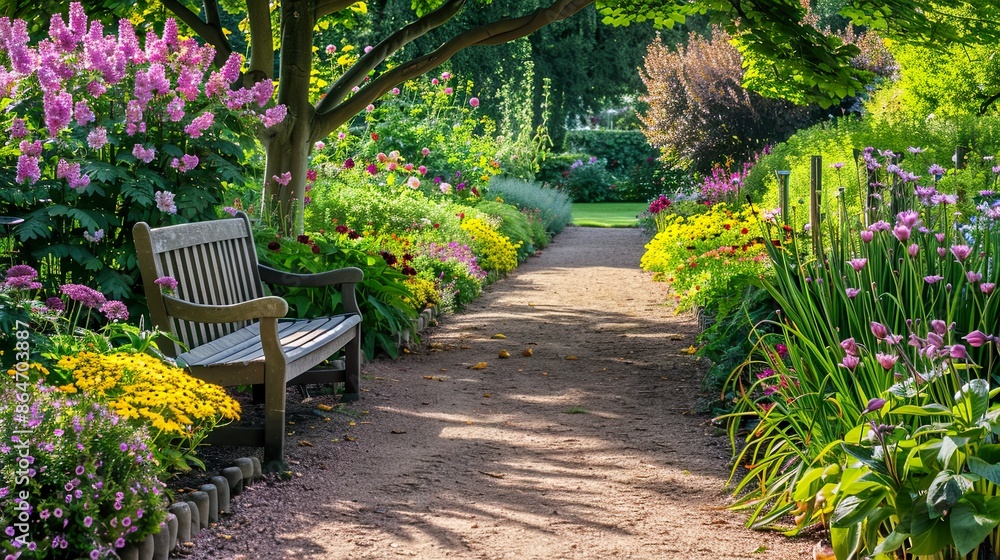Fototapeta premium Serene Garden Path with Bench Surrounded by Colorful Flowers