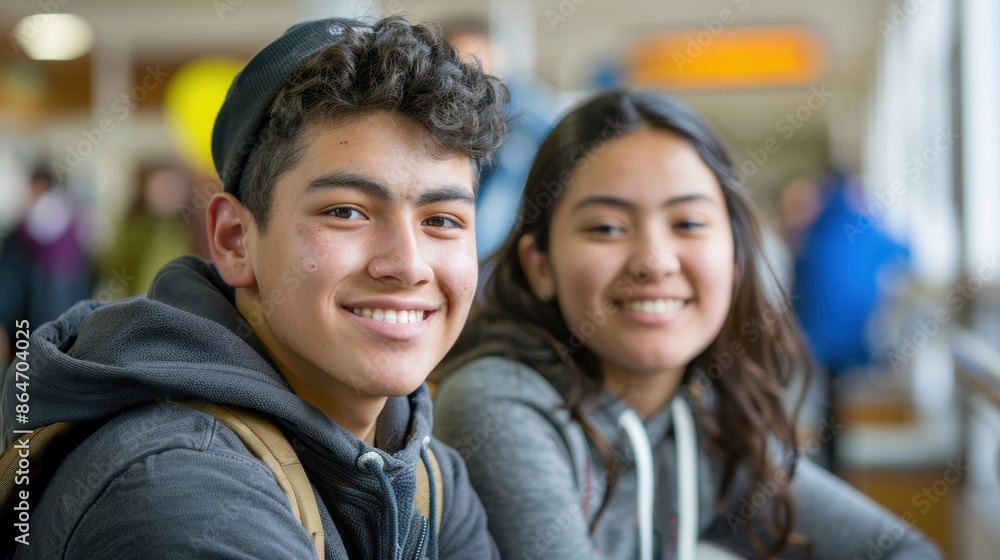 Two cheerful teenagers, a boy and a girl, smile together in a school hallway, capturing the joy of friendship and youth. Two cheerful teenagers, a boy and a girl, smile together in a school hallway, capturing the joy of friendship and youth.