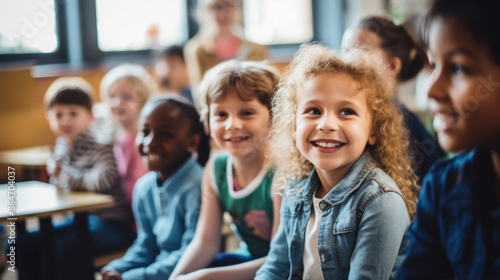 Group of diverse children smiling and sitting in a classroom, showcasing joy and engagement in an educational environment.