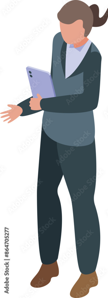 Businesswoman holding tablet and gesturing, isometric vector illustration Businesswoman holding tablet and gesturing, isometric vector illustration