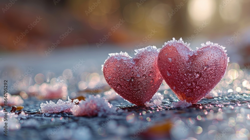 Obraz premium Two frozen hearts covered in ice crystals, symbolizing love and romance in a wintery setting.