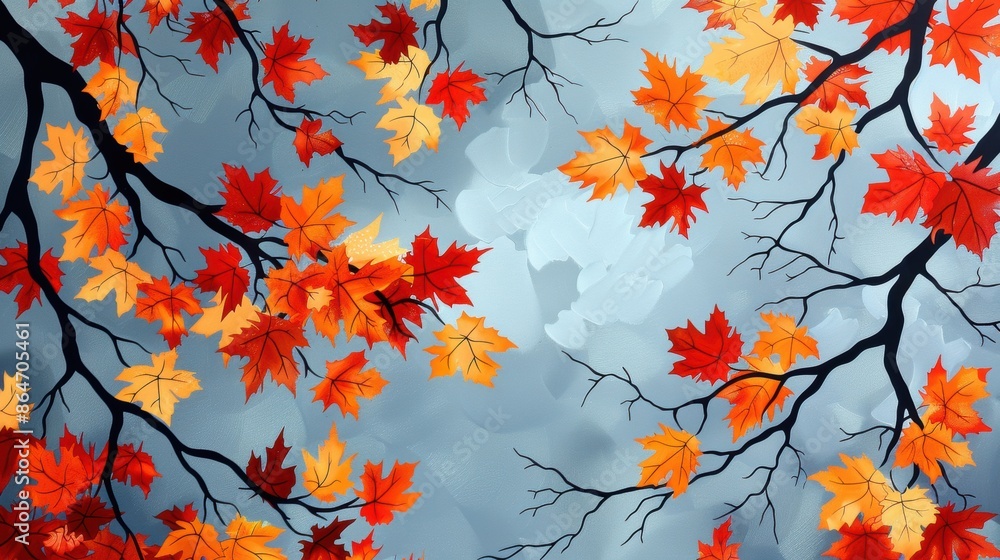 Vibrant autumn leaves in red and orange hues adorn tree branches against a pale blue sky background, depicting a fall scene. Vibrant autumn leaves in red and orange hues adorn tree branches against a pale blue sky background, depicting a fall scene.