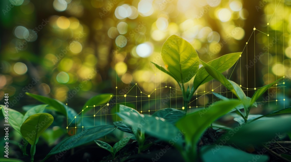 Obraz premium Green Growth in Finance: Financial Charts with Fresh Leaves Representing Environmental Investment and Sustainable Economy