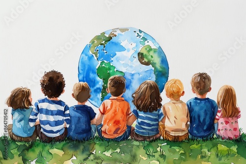 A group of children sitting on the grass, looking at planet Earth from behind