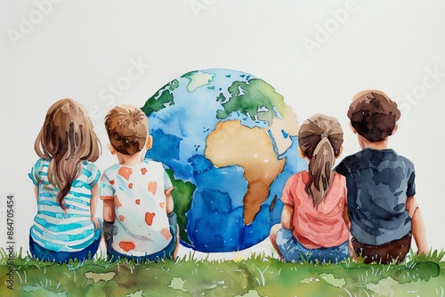A group of children sitting on the grass, looking at planet Earth from behind
