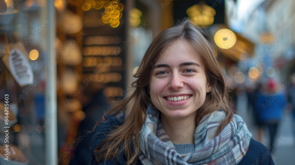 A young woman with a big smile, standing on a busy street, exuding joy and warmth amidst city lights. A young woman with a big smile, standing on a busy street, exuding joy and warmth amidst city lights.
