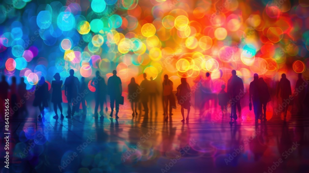 Naklejka premium Silhouetted figures of people standing against a vibrant and colorful bokeh background, creating a lively and dynamic scene.