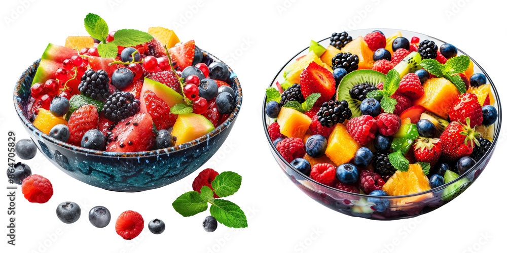 Summer Fruit Salad: Melon and Berries Isolated on Transparent or White Background, PNG Summer Fruit Salad: Melon and Berries Isolated on Transparent or White Background, PNG