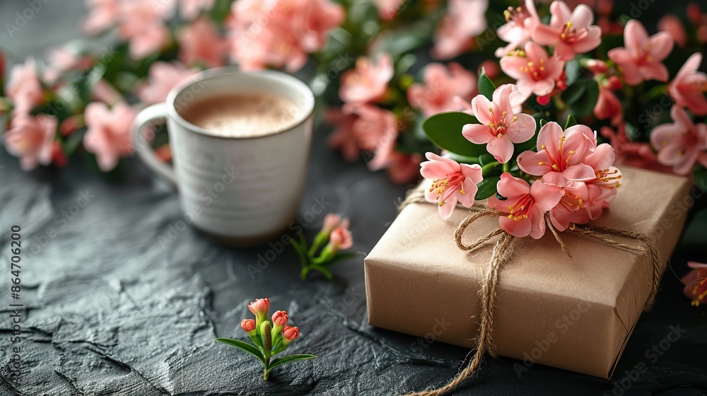 wicker flower basket coffee cup gift box on stone table happy mother s day greeting card template.stock photo wicker flower basket coffee cup gift box on stone table happy mother s day greeting card template.stock photo