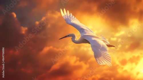 Behold the elegance of this majestic bird as it takes flight, its wings outstretched in a graceful arc against the backdrop of a fiery sunset sky. photo