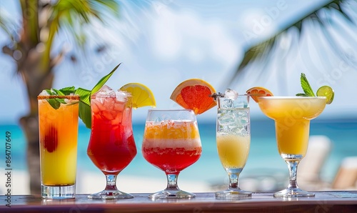 Fototapeta Naklejka Na Ścianę i Meble -  Tropical cocktails lined up at beach bar with ocean view. Vacation, summer, and relaxation concept.