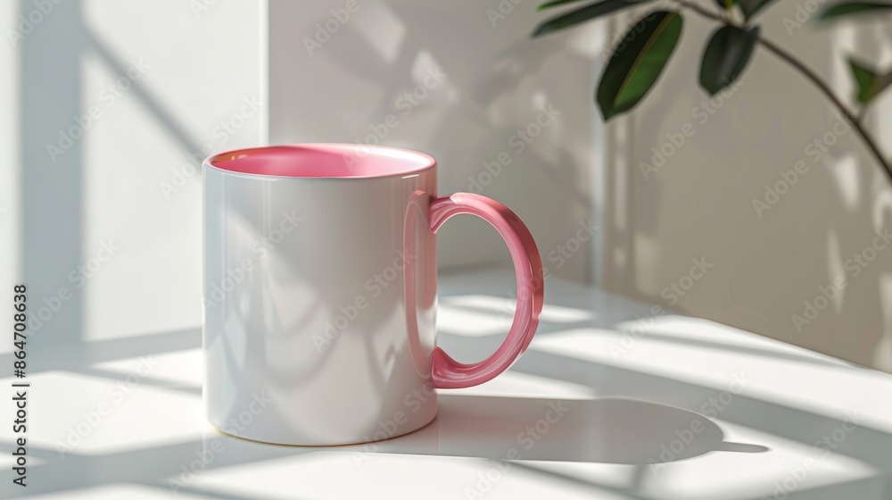 Close-up photo of white ceramic coffee mug with pink handle on table, white background, side view. Mug mockup style, high-res.