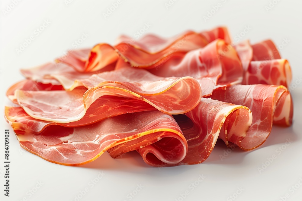 Close Up of Thinly Sliced Smoked Ham on White Surface Close Up of Thinly Sliced Smoked Ham on White Surface