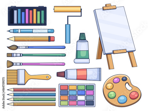 Illustration of various essential painting tools and supplies. Featured are colorful crayons, pencil, paint rollers, an easel with a blank canvas, brushes of various types, tube paint, watercolor, etc