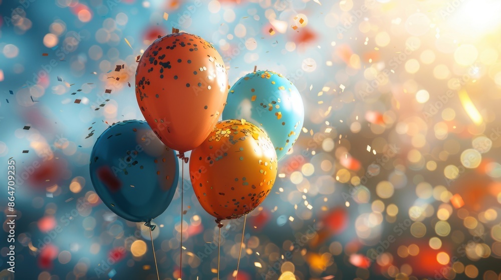 Colorful balloons filled with confetti floating against a blue sky with sunlight, creating a cheerful and celebratory atmosphere. Colorful balloons filled with confetti floating against a blue sky with sunlight, creating a cheerful and celebratory atmosphere.