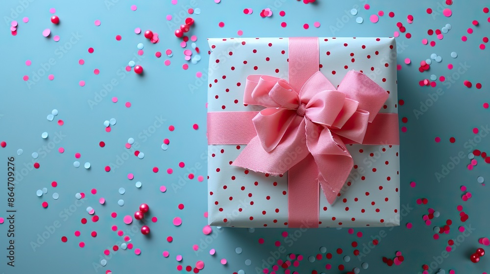 gift box for father s day with confetti on pastel blue background flat lay top view.image gift box for father s day with confetti on pastel blue background flat lay top view.image