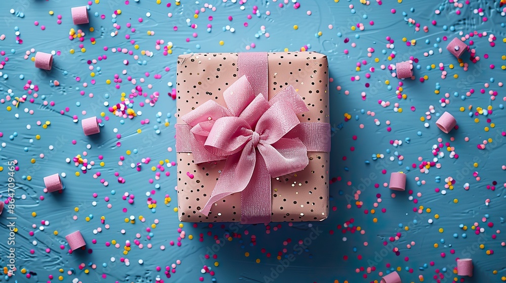 banner design flat lay gift box with confetti on pastel blue background top view.stock photo banner design flat lay gift box with confetti on pastel blue background top view.stock photo