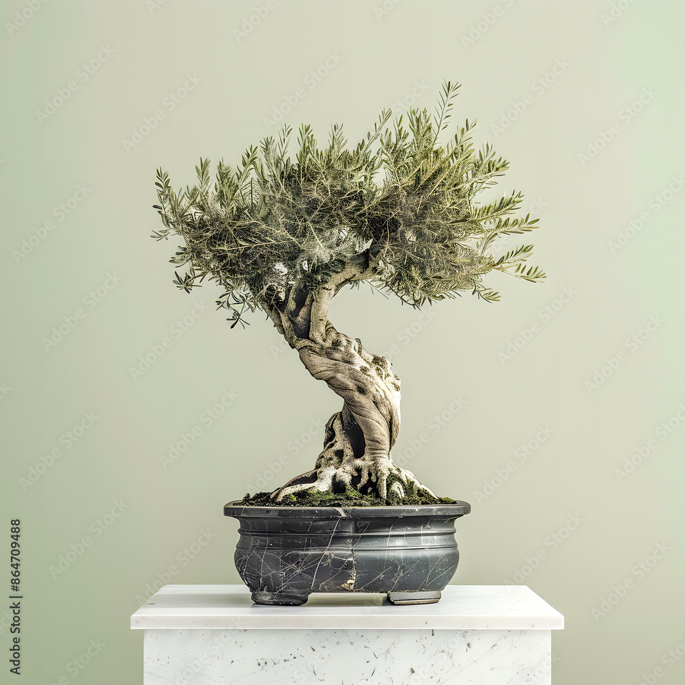 Green bonsai tree in antique marble pot on plain background. Green bonsai tree in antique marble pot on plain background.