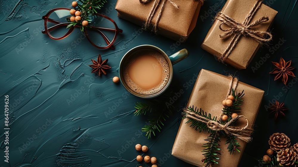 Naklejka premium day banner template top view vintage gift box with label happy father s day coffee cup glasses on dark blue background.image