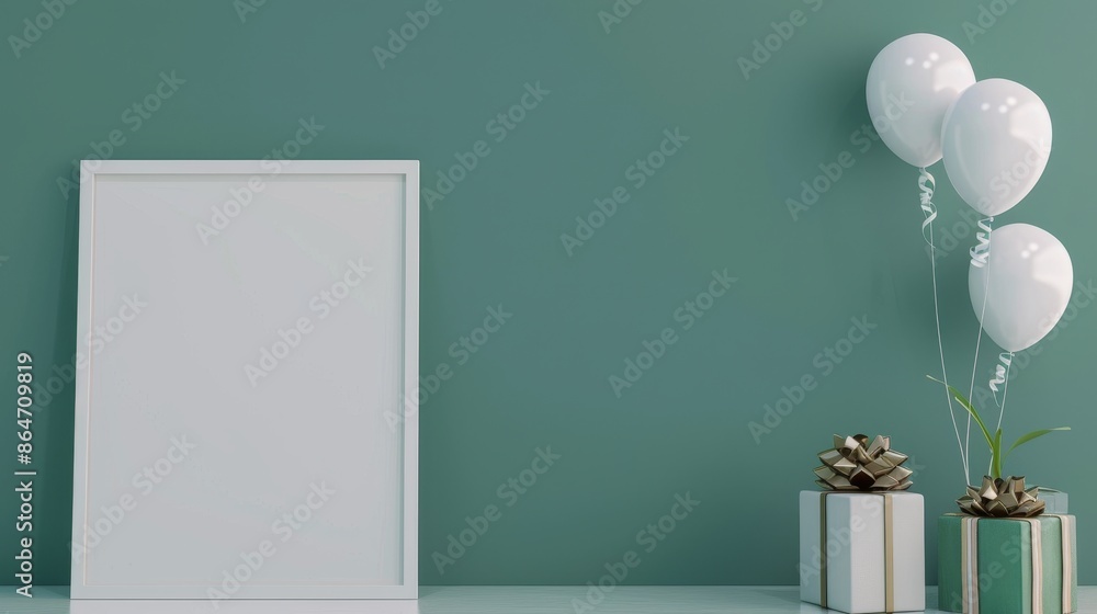 Minimalistic happy birthday scene with balloons, gift box, white frame mockup on emerald green wall, contemporary style for wall art, high-quality stock Minimalistic happy birthday scene with balloons, gift box, white frame mockup on emerald green wall, contemporary style for wall art, high-quality stock