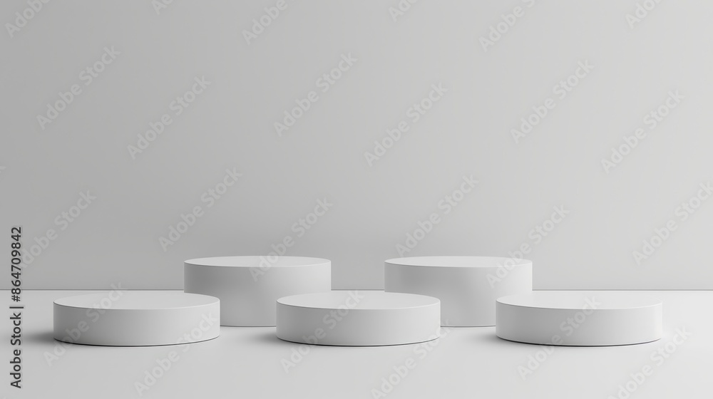 Mockup of five white round podiums on empty background for product presentation, minimalistic style.