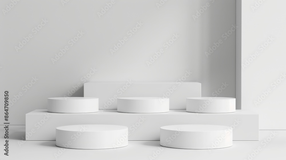 Minimalistic mockup of five white round podiums on empty background for product presentation, showcasing minimalistic style. Minimalistic mockup of five white round podiums on empty background for product presentation, showcasing minimalistic style.