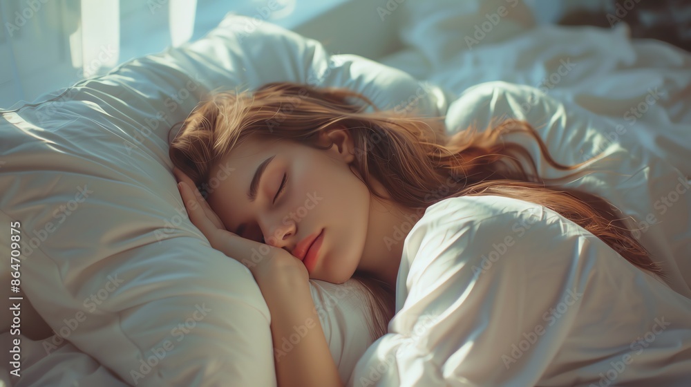 A woman sleeps peacefully in a comfortable bed. A woman sleeps peacefully in a comfortable bed.