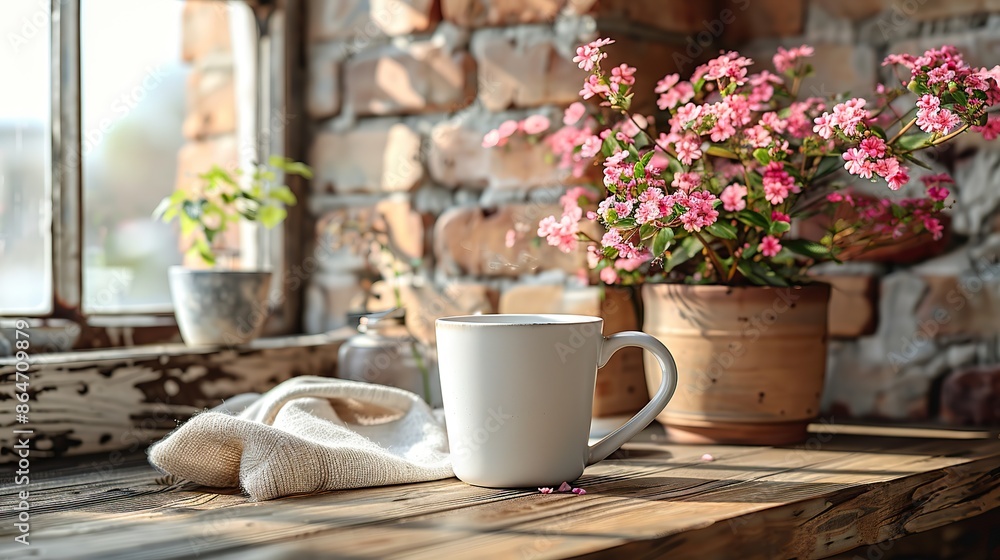 photo frame mockup coffee mug bouquet of pink flowers on cloth on brick wall background.illustration photo frame mockup coffee mug bouquet of pink flowers on cloth on brick wall background.illustration