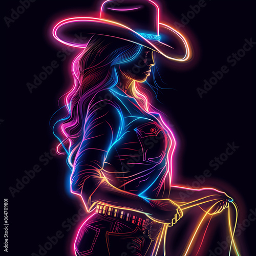 rodeo cowgirl with lasso in neon colors illustration on a black background