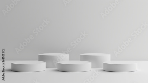 Obraz na płótnie Mockup of five white round podiums on empty background for product presentation, minimalistic style. w salonie