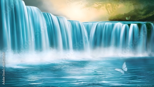 Whispers of Tranquility: Serene Waterfall and Fluttering Butterfly