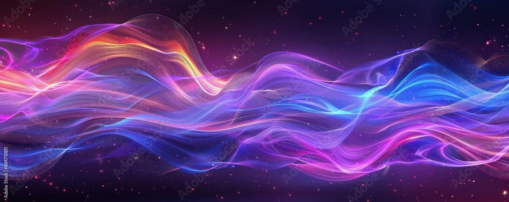Abstract neon waves of light and energy against a dark starry space background. Abstract 3D illustration. Abstract neon waves of light and energy against a dark starry space background. Abstract 3D illustration.