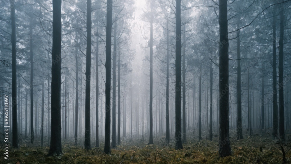forest filled with lots of trees in the middle of a foggy forest area forest filled with lots of trees in the middle of a foggy forest area