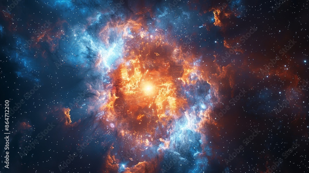 Naklejka premium A bright orange and blue star surrounded by a cloud of blue and orange