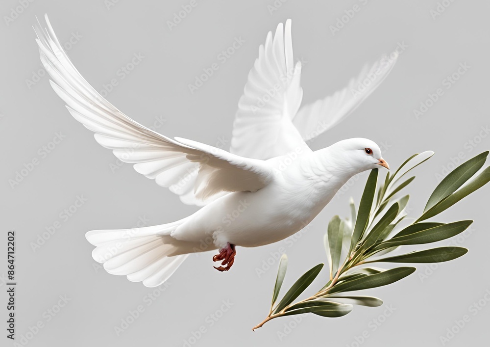Obraz premium white dove in flight on a white background with an olive branch