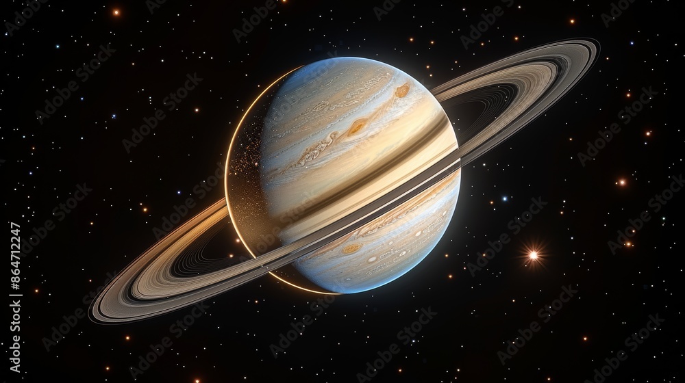 Naklejka premium A large planet with a ring around it is shown in the night sky
