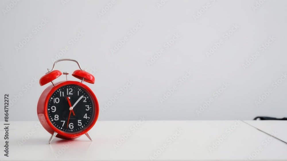 red alarm clock sitting on top of a white table next to a white wall red alarm clock sitting on top of a white table next to a white wall