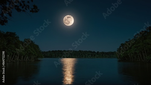 full moon shines brightly in the sky over a body of water with trees in the foreground