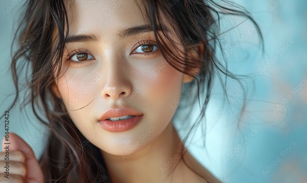beautiful young asian woman model long hair with natural makeup on face show thumbs up on , blue background cute girl portrait facial treatment body care beauty and spa.image illustration beautiful young asian woman model long hair with natural makeup on face show thumbs up on , blue background cute girl portrait facial treatment body care beauty and spa.image illustration