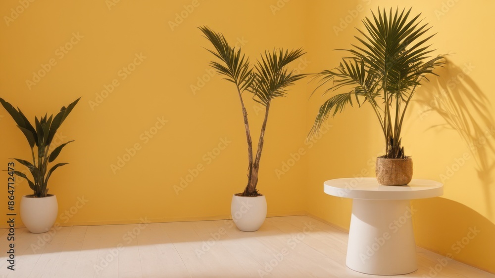 yellow room with two potted palm trees and a white circular table in front of a yellow wall yellow room with two potted palm trees and a white circular table in front of a yellow wall