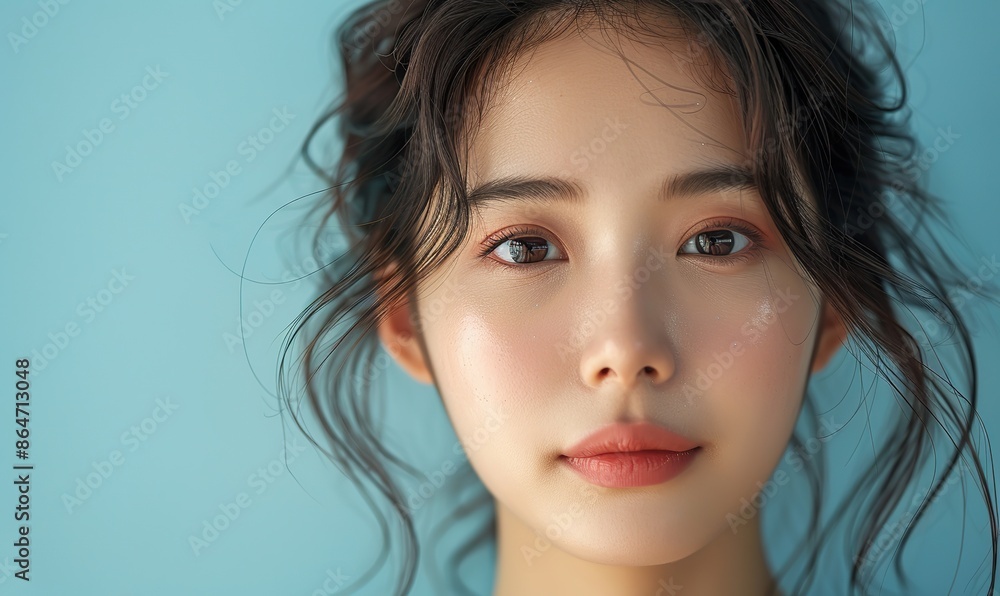 young asian beauty woman pull back hair with koreans makeup style on face and perfect clean skin show blank space on , blue background.photo stock young asian beauty woman pull back hair with koreans makeup style on face and perfect clean skin show blank space on , blue background.photo stock