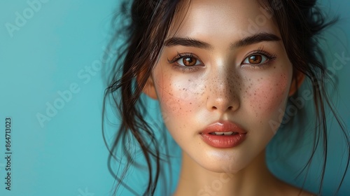 young asian beauty woman model long hair with natural makeup look on face and perfect clean skin apply serum on , blue background facial treatment cosmetology aesthetic plastic.photo stock